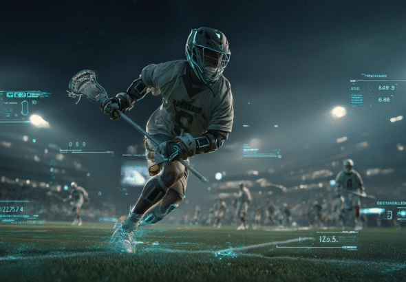 A male lacrosse player running on a well-maintained grassy field during a nighttime stadium game, illustrating how to improve lacrosse IQ through real-time decision-making, with glowing cyan futuristic HUD elements displaying data and graphics overlaid across the image.