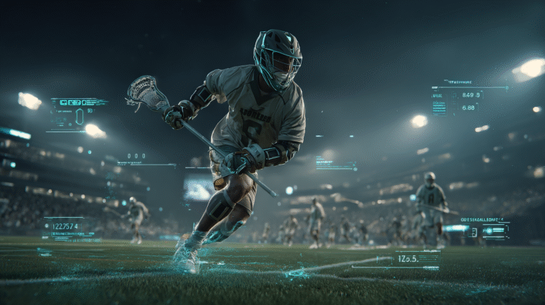 A male lacrosse player running on a well-maintained grassy field during a nighttime stadium game, illustrating how to improve lacrosse IQ through real-time decision-making, with glowing cyan futuristic HUD elements displaying data and graphics overlaid across the image.