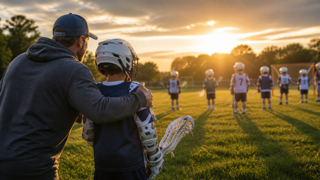A man with his arm around a young lacrosse player, both seen from behind, facing a group of young lacrosse players on a green field, illustrating Youth Lacrosse Rules for Beginners.