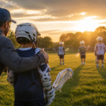 A man with his arm around a young lacrosse player, both seen from behind, facing a group of young lacrosse players on a green field, illustrating Youth Lacrosse Rules for Beginners.