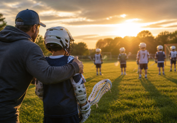 A man with his arm around a young lacrosse player, both seen from behind, facing a group of young lacrosse players on a green field, illustrating Youth Lacrosse Rules for Beginners.
