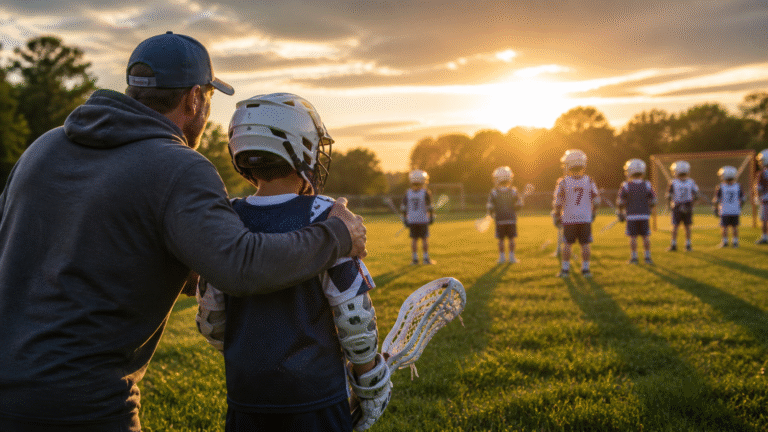 A man with his arm around a young lacrosse player, both seen from behind, facing a group of young lacrosse players on a green field, illustrating Youth Lacrosse Rules for Beginners.