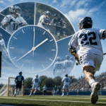 Vibrant lacrosse scene illustrating How long is a Lacrosse game, with a player running in the foreground holding a stick, a red scoreboard showing “60,” and a circular clock overlay above. In the background are a goal, other players, and a packed stadium.
