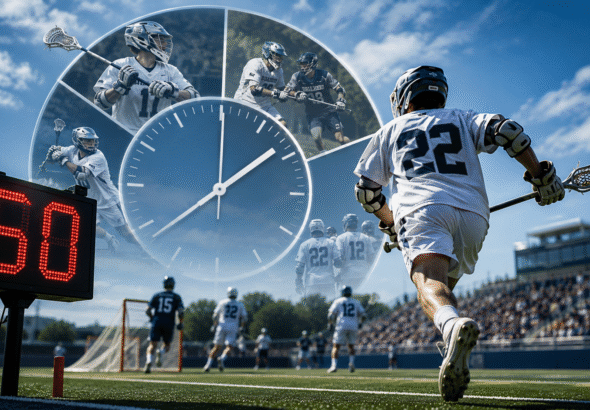 Vibrant lacrosse scene illustrating How long is a Lacrosse game, with a player running in the foreground holding a stick, a red scoreboard showing “60,” and a circular clock overlay above. In the background are a goal, other players, and a packed stadium.