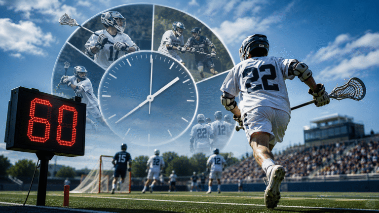 Vibrant lacrosse scene illustrating How long is a Lacrosse game, with a player running in the foreground holding a stick, a red scoreboard showing “60,” and a circular clock overlay above. In the background are a goal, other players, and a packed stadium.