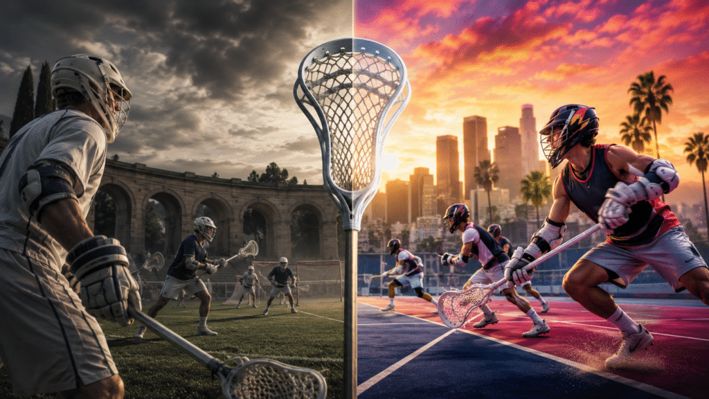 Split lacrosse scene divided by a stick, showing Why Lacrosse Sixes is dividing the sport: left a cloudy grass field with white and blue players; right a sunset city court with palm trees and players in dark and bright jerseys, all in action.