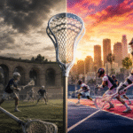 Split lacrosse scene divided by a stick, showing Why Lacrosse Sixes is dividing the sport: left a cloudy grass field with white and blue players; right a sunset city court with palm trees and players in dark and bright jerseys, all in action.