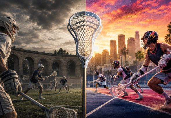 Split lacrosse scene divided by a stick, showing Why Lacrosse Sixes is dividing the sport: left a cloudy grass field with white and blue players; right a sunset city court with palm trees and players in dark and bright jerseys, all in action.