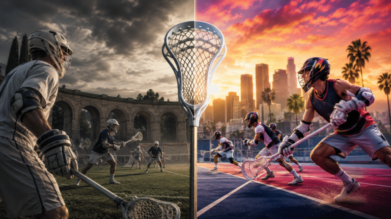 Split lacrosse scene divided by a stick, showing Why Lacrosse Sixes is dividing the sport: left a cloudy grass field with white and blue players; right a sunset city court with palm trees and players in dark and bright jerseys, all in action.