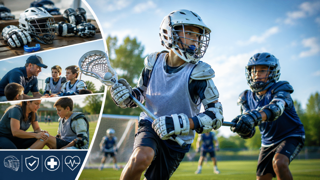 Youth lacrosse collage exploring whether lacrosse is dangerous for kids, featuring gameplay, equipment, coaching, and first aid.