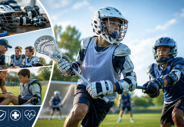Youth lacrosse collage exploring whether lacrosse is dangerous for kids, featuring gameplay, equipment, coaching, and first aid.