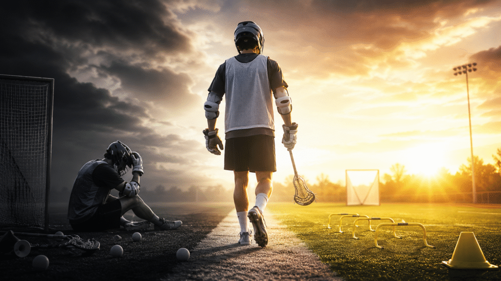 Lacrosse player walking from a dark stormy field to a bright training field, symbolizing overcoming common lacrosse training mistakes and improving performance.