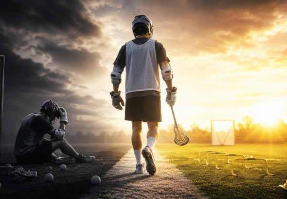 Lacrosse player walking from a dark stormy field to a bright training field, symbolizing overcoming common lacrosse training mistakes and improving performance.