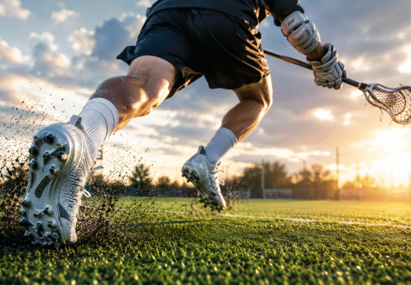 Close-up low-angle view of a lacrosse player sprinting across a green field, highlighting How to Choose Lacrosse Cleats with a white cleat digging into the turf.