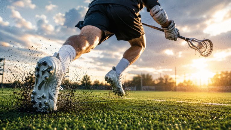 Close-up low-angle view of a lacrosse player sprinting across a green field, highlighting How to Choose Lacrosse Cleats with a white cleat digging into the turf.