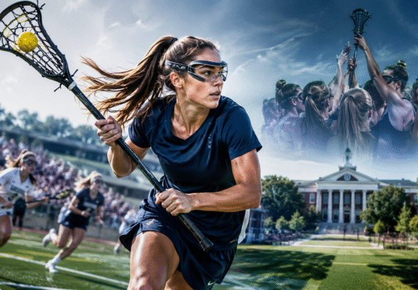 Female lacrosse player in foreground on a field, with other players and spectators behind, illustrating a Women’s Lacrosse Recruiting moment; in the background, players celebrate under a blue sky, raising a lacrosse stick.