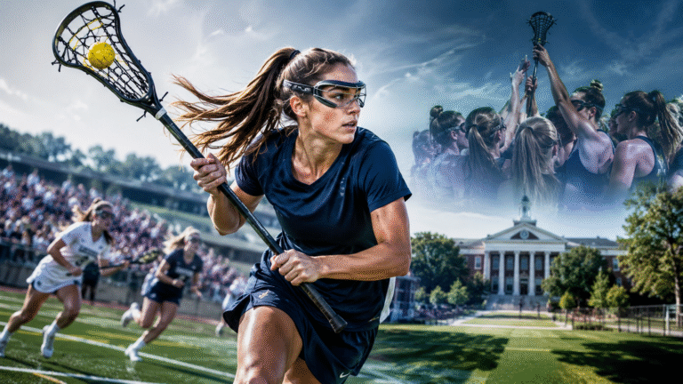 Female lacrosse player in foreground on a field, with other players and spectators behind, illustrating a Women’s Lacrosse Recruiting moment; in the background, players celebrate under a blue sky, raising a lacrosse stick.