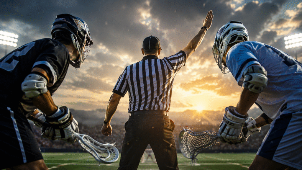A striking shot of a lacrosse field featuring a referee and two players, with the referee viewed from behind during a tense game moment, perfectly illustrating Lacrosse Penalties Explained.