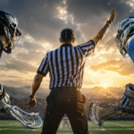 A striking shot of a lacrosse field featuring a referee and two players, with the referee viewed from behind during a tense game moment, perfectly illustrating Lacrosse Penalties Explained.