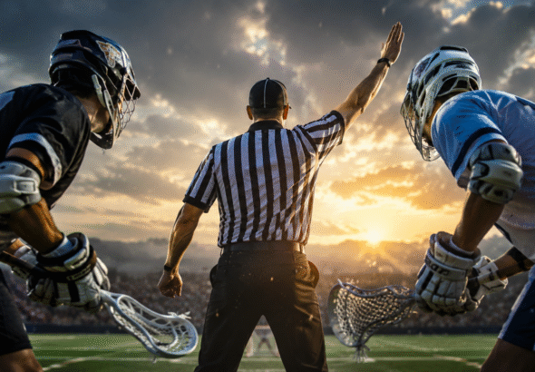 A striking shot of a lacrosse field featuring a referee and two players, with the referee viewed from behind during a tense game moment, perfectly illustrating Lacrosse Penalties Explained.