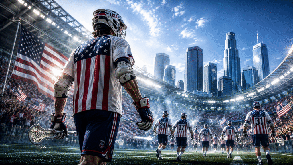 Male lacrosse player in USA uniform with American flag design walks with teammates carrying a lacrosse stick beside a large U.S. flag, highlighting USA Lacrosse dominance 2028.