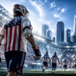 Male lacrosse player in USA uniform with American flag design walks with teammates carrying a lacrosse stick beside a large U.S. flag, highlighting USA Lacrosse dominance 2028.