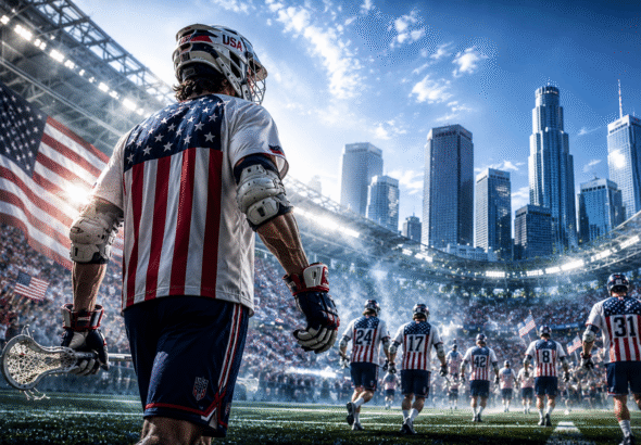 Male lacrosse player in USA uniform with American flag design walks with teammates carrying a lacrosse stick beside a large U.S. flag, highlighting USA Lacrosse dominance 2028.