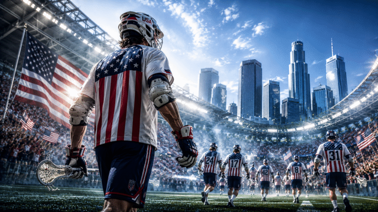 Male lacrosse player in USA uniform with American flag design walks with teammates carrying a lacrosse stick beside a large U.S. flag, highlighting USA Lacrosse dominance 2028.