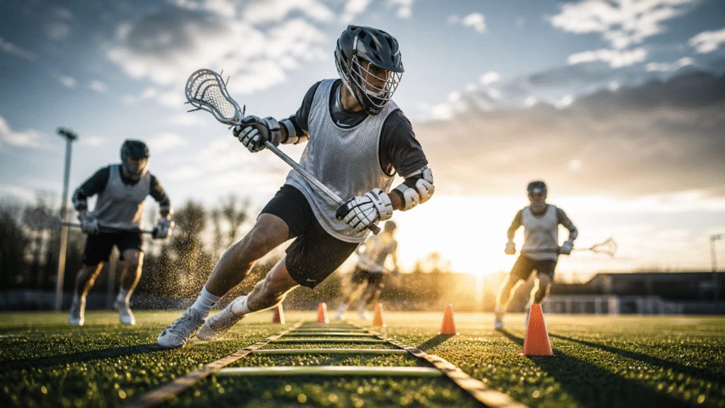 A male Lacrosse player practicing Lacrosse agility drills using agility ladder drills and cone drills to improve speed, footwork, and coordination.