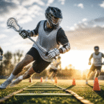 A male Lacrosse player practicing Lacrosse agility drills using agility ladder drills and cone drills to improve speed, footwork, and coordination.
