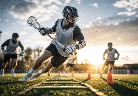 A male Lacrosse player practicing Lacrosse agility drills using agility ladder drills and cone drills to improve speed, footwork, and coordination.