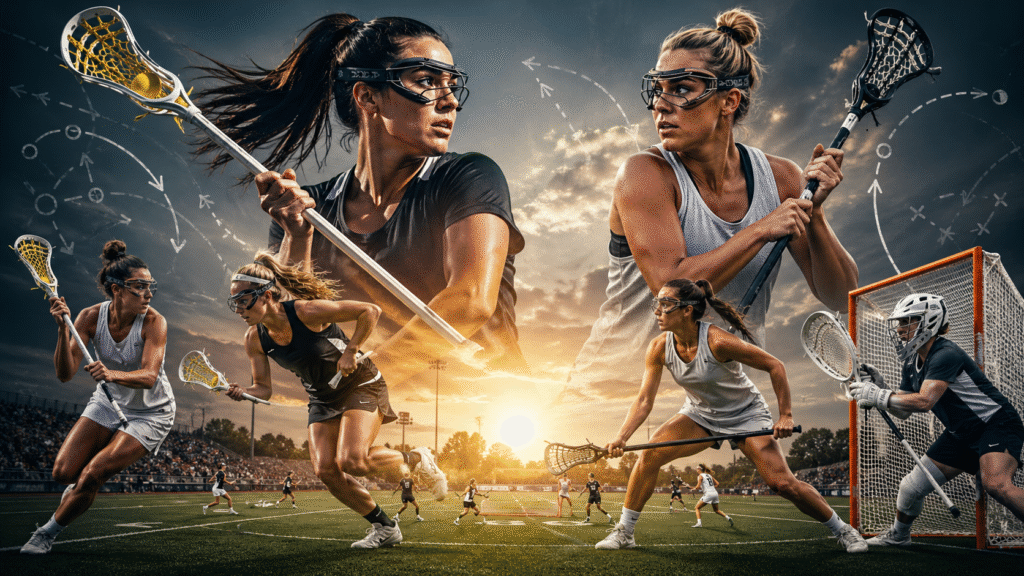 Women's Lacrosse players in action and in portraits, two of them facing each other across the top of the image, illustrating Women’s Lacrosse Tactical Systems. White dashed lines and arrows, resembling play diagrams, are superimposed on the dark sky.