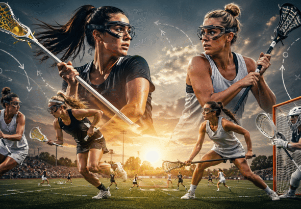 Women's Lacrosse players in action and in portraits, two of them facing each other across the top of the image, illustrating Women’s Lacrosse Tactical Systems. White dashed lines and arrows, resembling play diagrams, are superimposed on the dark sky.