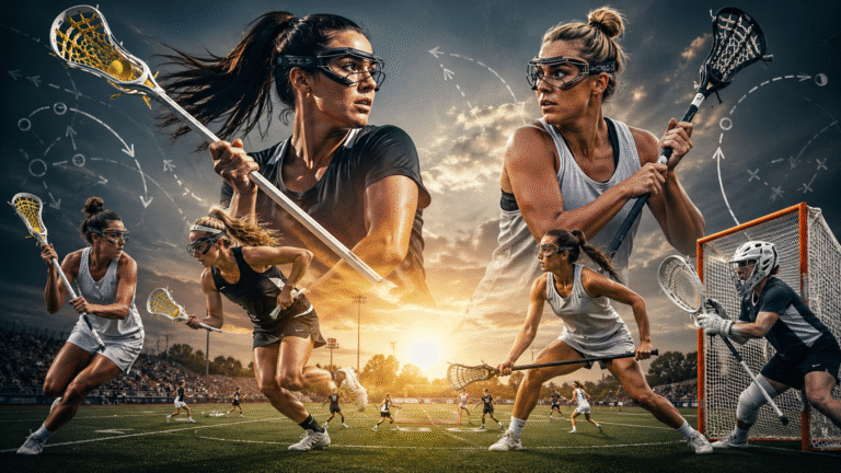 Women's Lacrosse players in action and in portraits, two of them facing each other across the top of the image, illustrating Women’s Lacrosse Tactical Systems. White dashed lines and arrows, resembling play diagrams, are superimposed on the dark sky.