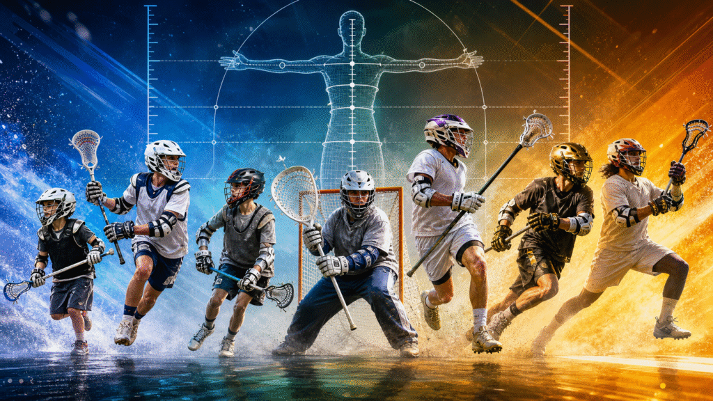 Lacrosse players in various action poses, from younger to older, illustrating a Lacrosse size chart by age and position. A detailed anatomical wireframe of a human figure with measurement scales is overlaid in the upper center. The players are equipped with full Lacrosse gear, including helmets, shoulder pads, and gloves, and are holding their sticks.