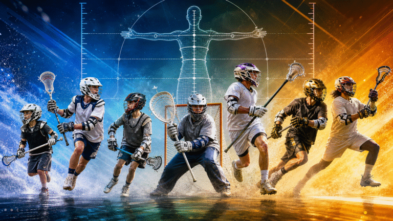 Lacrosse players in various action poses, from younger to older, illustrating a Lacrosse size chart by age and position. A detailed anatomical wireframe of a human figure with measurement scales is overlaid in the upper center. The players are equipped with full Lacrosse gear, including helmets, shoulder pads, and gloves, and are holding their sticks.