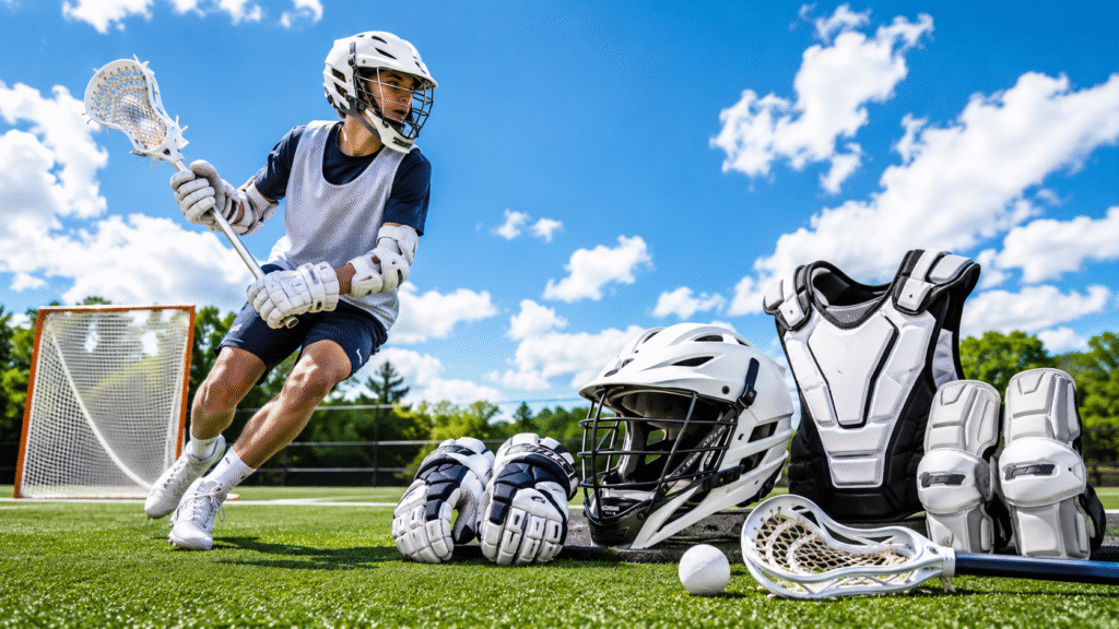 Young Lacrosse player in action wearing the best Lacrosse gear for beginners, with helmet, chest protector, gloves, arm pads, stick, and ball visible on the field.