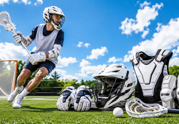 Young Lacrosse player in action wearing the best Lacrosse gear for beginners, with helmet, chest protector, gloves, arm pads, stick, and ball visible on the field.