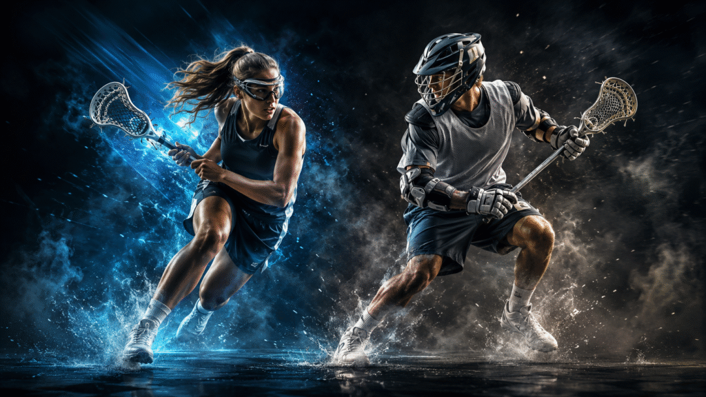 Women’s vs Men’s Lacrosse players in action during a game comparison.