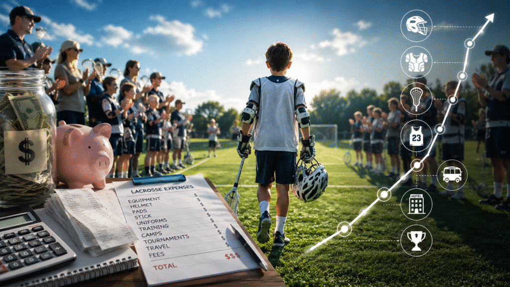 Young lacrosse player walking on a field, viewed from behind, with spectators and players in the background. Foreground highlights youth lacrosse cost items, including a piggy bank, calculator, receipts, and a clipboard listing equipment, travel, training, and tournament expenses.
