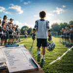 Young lacrosse player walking on a field, viewed from behind, with spectators and players in the background. Foreground highlights youth lacrosse cost items, including a piggy bank, calculator, receipts, and a clipboard listing equipment, travel, training, and tournament expenses.