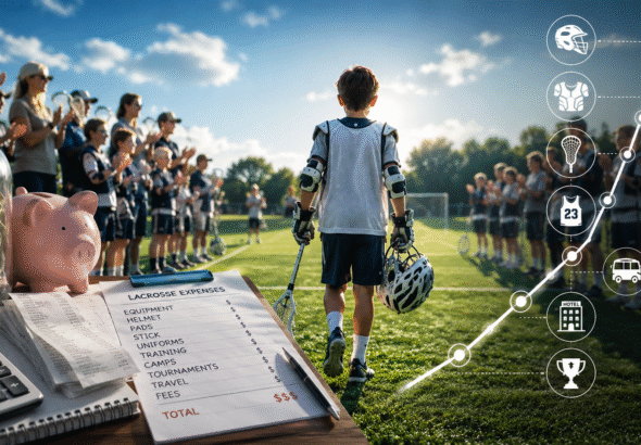 Young lacrosse player walking on a field, viewed from behind, with spectators and players in the background. Foreground highlights youth lacrosse cost items, including a piggy bank, calculator, receipts, and a clipboard listing equipment, travel, training, and tournament expenses.