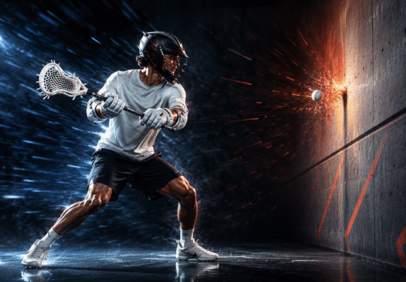 Male lacrosse player practicing wall ball drills to learn How to Throw and Catch a Lacrosse Ball.