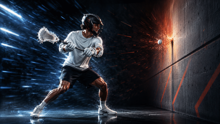Male lacrosse player practicing wall ball drills to learn How to Throw and Catch a Lacrosse Ball.