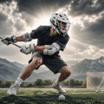 A male Lacrosse player in a helmet and dark uniform on a sports field, demonstrating techniques to Improve your off-hand in lacrosse. He holds a lacrosse stick with a ball in a powerful athletic stance, ready to make a play.
