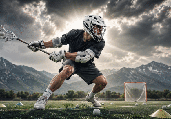 A male Lacrosse player in a helmet and dark uniform on a sports field, demonstrating techniques to Improve your off-hand in lacrosse. He holds a lacrosse stick with a ball in a powerful athletic stance, ready to make a play.