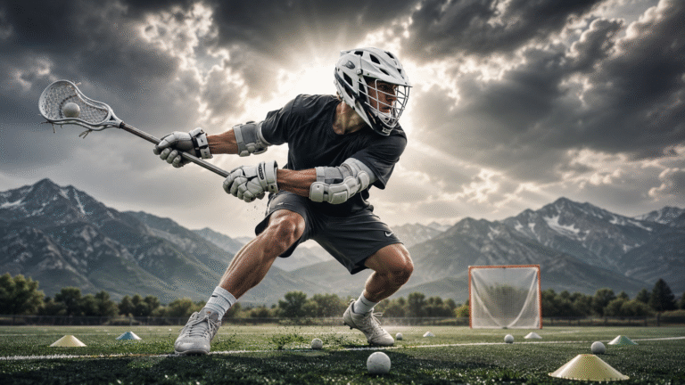 A male Lacrosse player in a helmet and dark uniform on a sports field, demonstrating techniques to Improve your off-hand in lacrosse. He holds a lacrosse stick with a ball in a powerful athletic stance, ready to make a play.