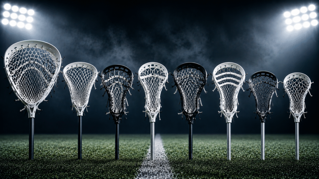 Full shot of multiple lacrosse sticks standing vertically on a finely cut grass field, showcasing the Best Lacrosse Head for Every Position used across different playing styles and roles.