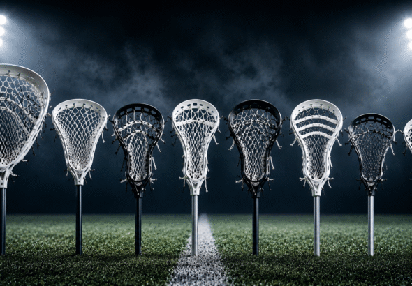 Full shot of multiple lacrosse sticks standing vertically on a finely cut grass field, showcasing the Best Lacrosse Head for Every Position used across different playing styles and roles.