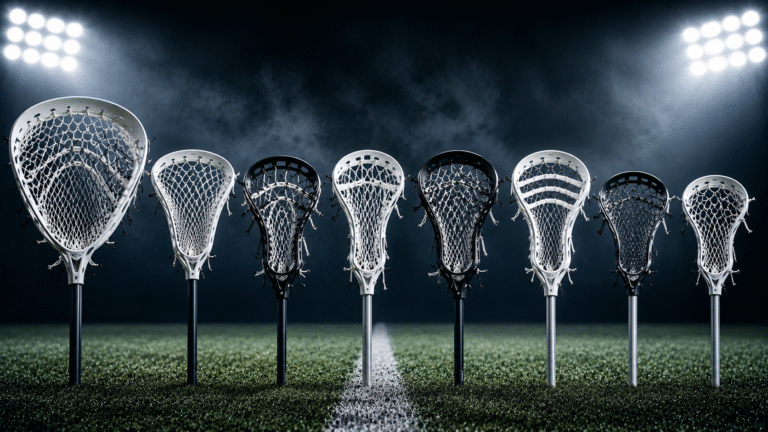Full shot of multiple lacrosse sticks standing vertically on a finely cut grass field, showcasing the Best Lacrosse Head for Every Position used across different playing styles and roles.